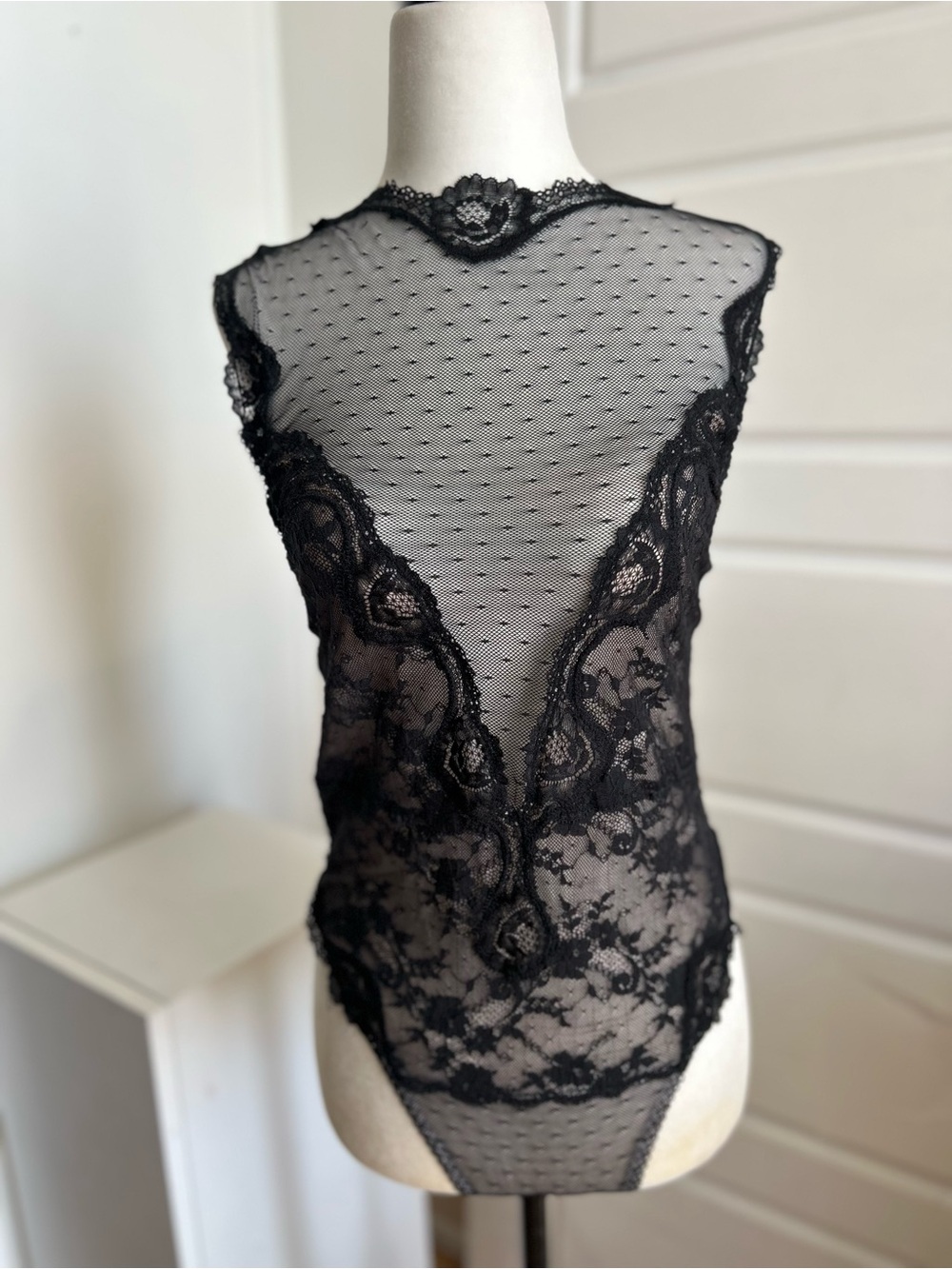 Black Sheer Lace High-Neck Bodysuit Teddy- Very Good Condition